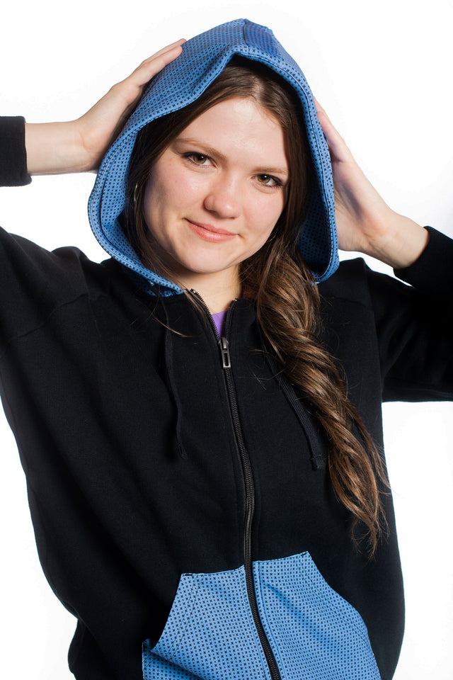 Audrey Marie Black with Printed Blue Hood & Pocket Hoodie - SewSewYou