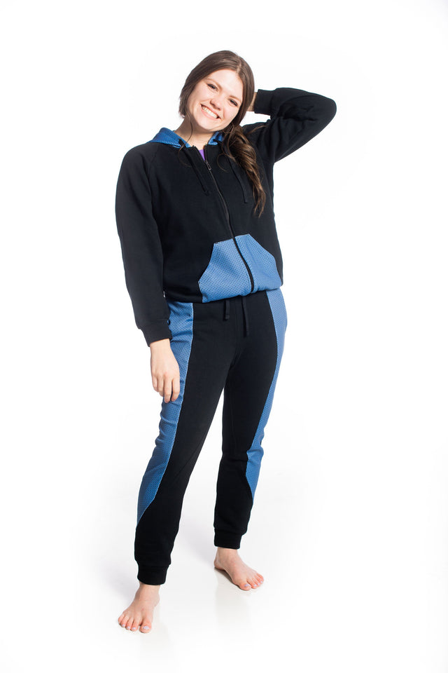 Audrey Marie Black with Printed Blue Leg Panel Jogger Pants - SewSewYou