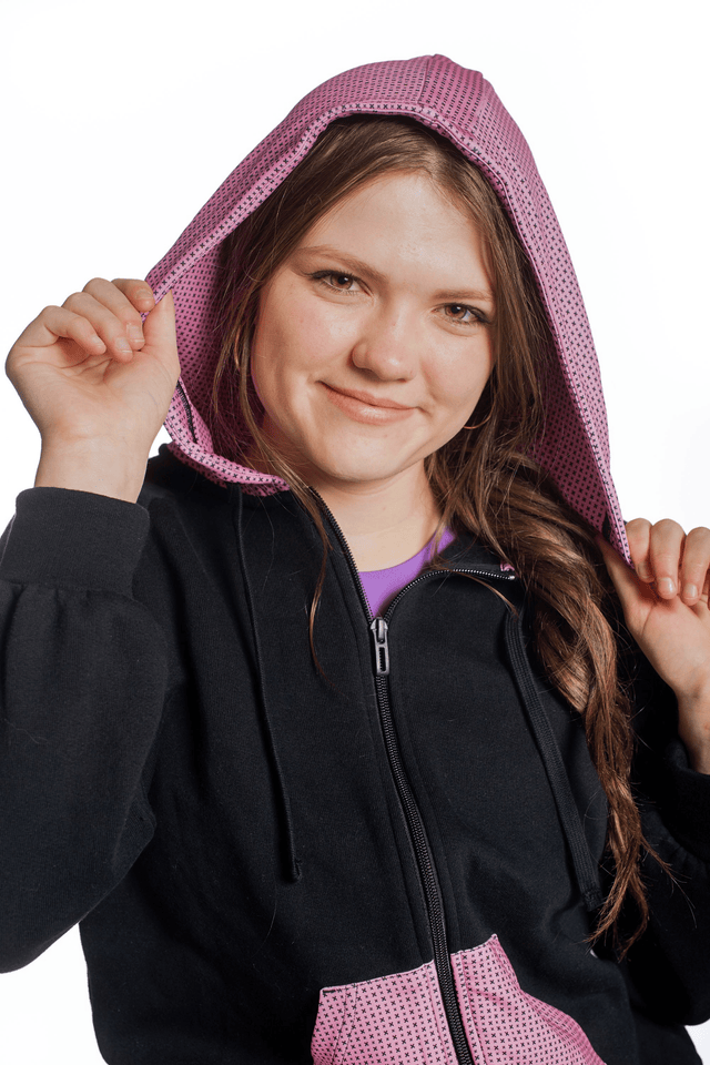 Audrey Marie Black with Printed Pink Hood & Pocket Hoodie - SewSewYou