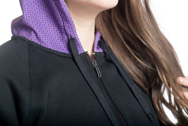 Audrey Marie Black with Printed Purple Hood & Pocket Hoodie - SewSewYou