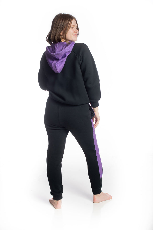 Audrey Marie Black with Printed Purple Hood & Pocket Hoodie - SewSewYou