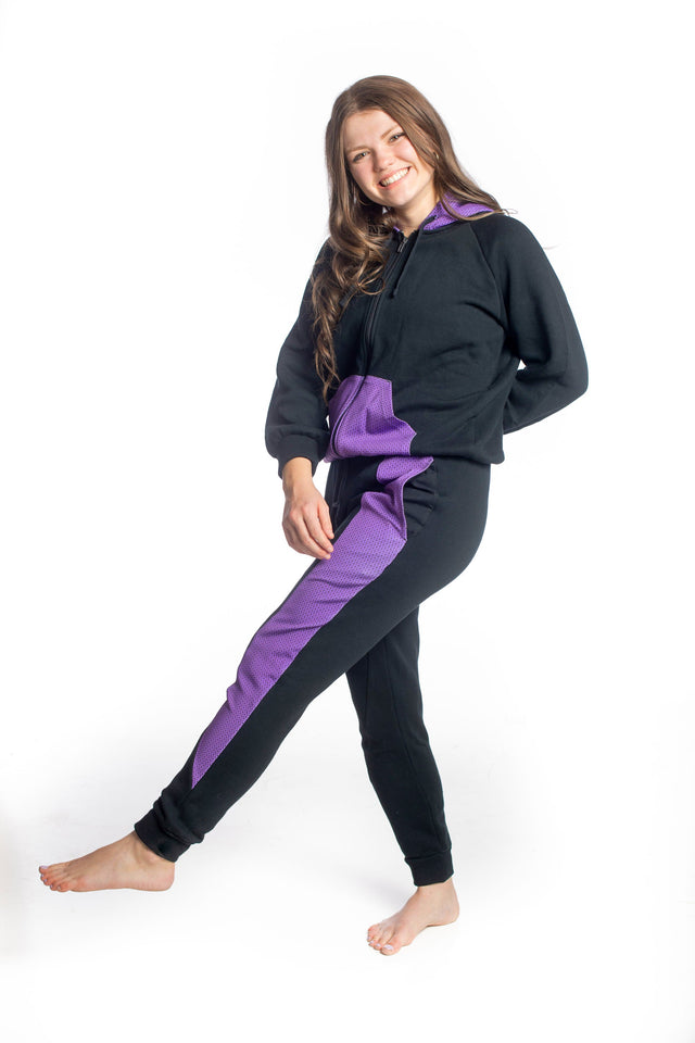 Audrey Marie Black with Printed Purple Leg Panel Jogger Pants - SewSewYou