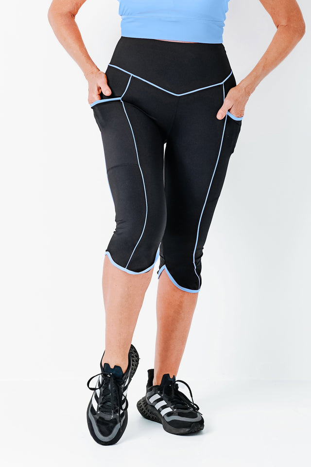 Black Capri Leggings w/ Lt. Blue Piping - SewSewYou