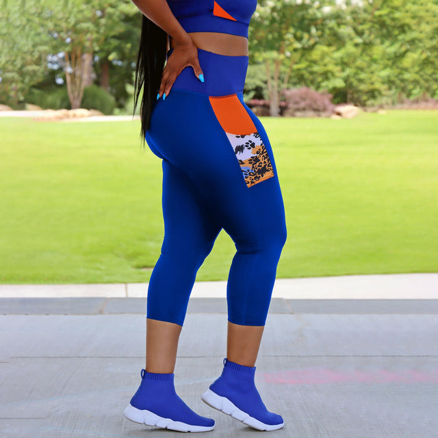 Elements Leggings/Capri - All Deep Cobalt + Printed Orange - SewSewYou