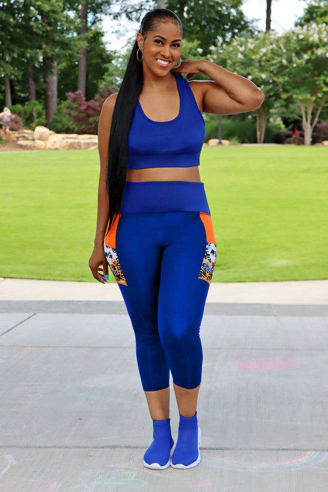 Elements Leggings/Capri - All Deep Cobalt + Printed Orange - SewSewYou