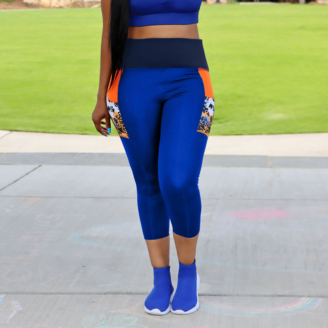 Elements Leggings/Capri - Deep Cobalt + Printed Orange - SewSewYou