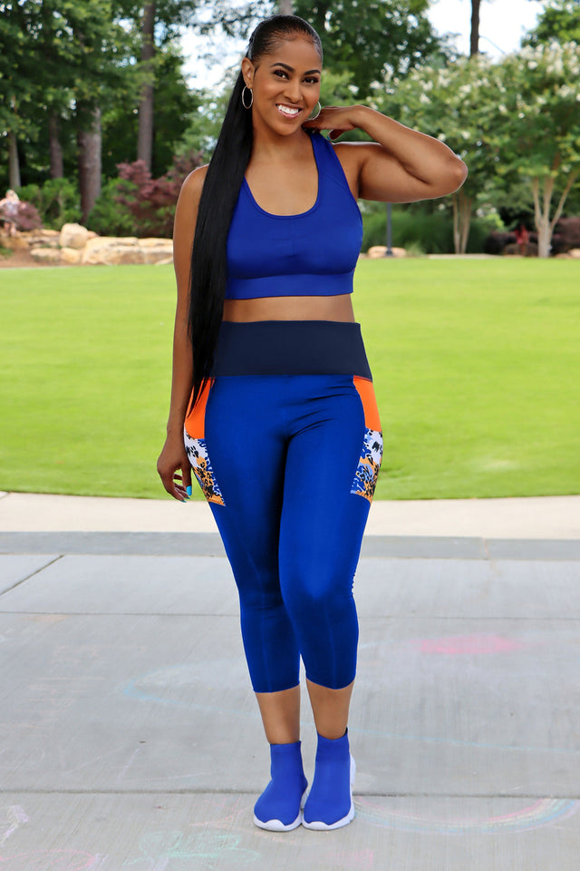 Elements Leggings/Capri - Deep Cobalt + Printed Orange - SewSewYou