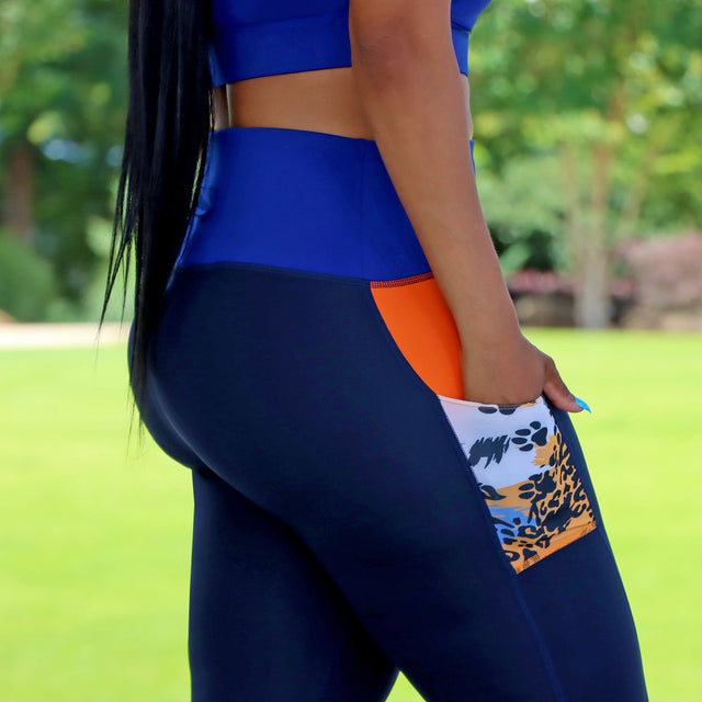 Elements Leggings/Capri - Legend Blue + Printed Orange - SewSewYou