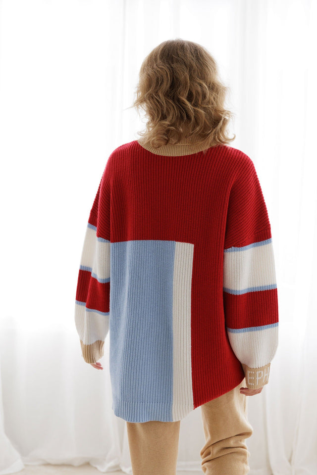 Ephina AW21 Collection Crimson Chunky Color Block Sweater - SewSewYou