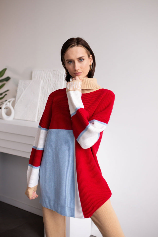 Ephina AW21 Collection Crimson Chunky Color Block Sweater - SewSewYou