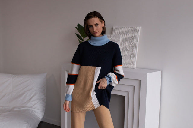 Ephina AW21 Collection Indigo Chunky Color Block Sweater - SewSewYou