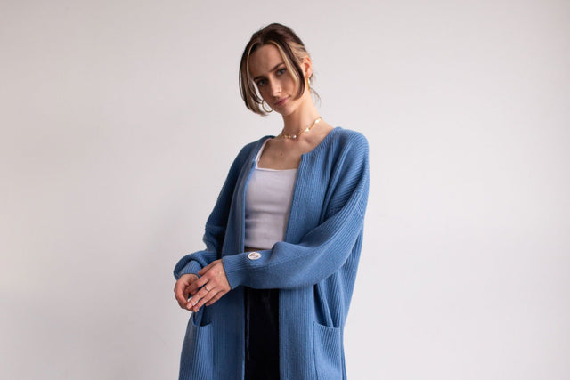 Ephina AW21 Collection Indigo Wash Chunky Long Line Cardigan - SewSewYou