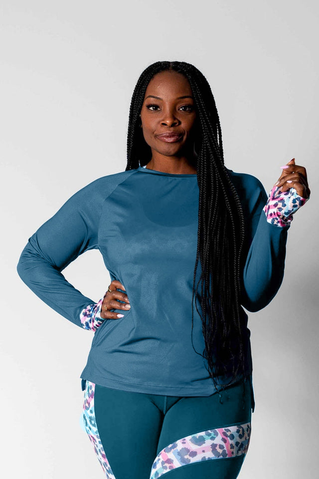 GFix Active Freedom SS22 Teal Long Sleeves T-shirt w/ Contrast Cuff - SewSewYou