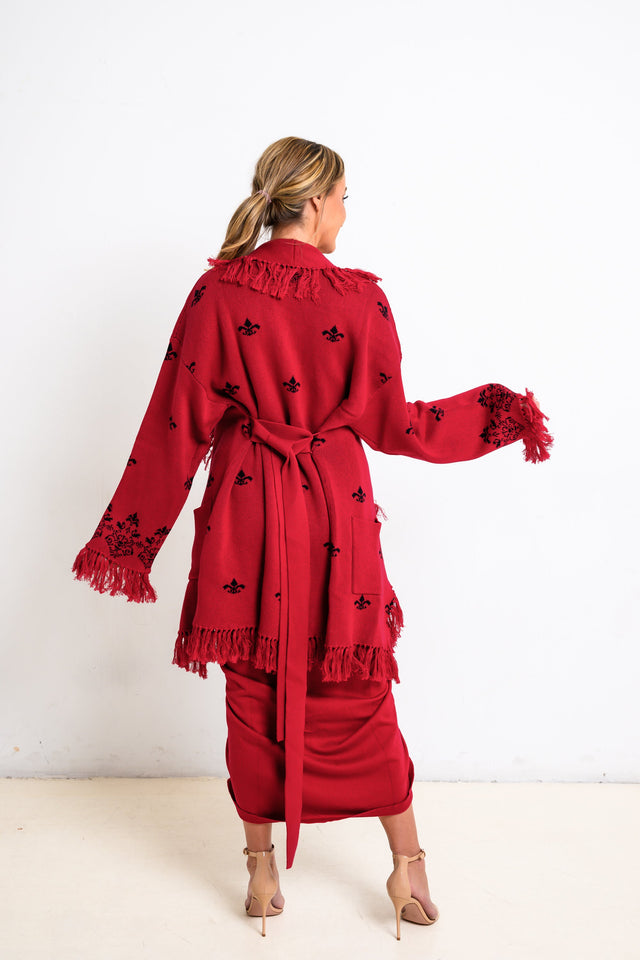 Jolene Essentials Collection AW22 Red Lounge Jacquard Cardigan - SewSewYou