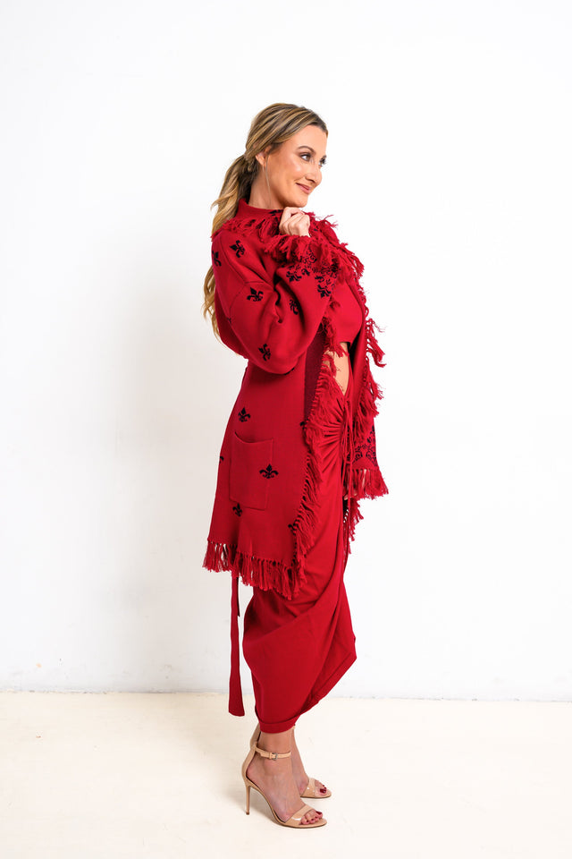 Jolene Essentials Collection AW22 Red Lounge Jacquard Cardigan - SewSewYou