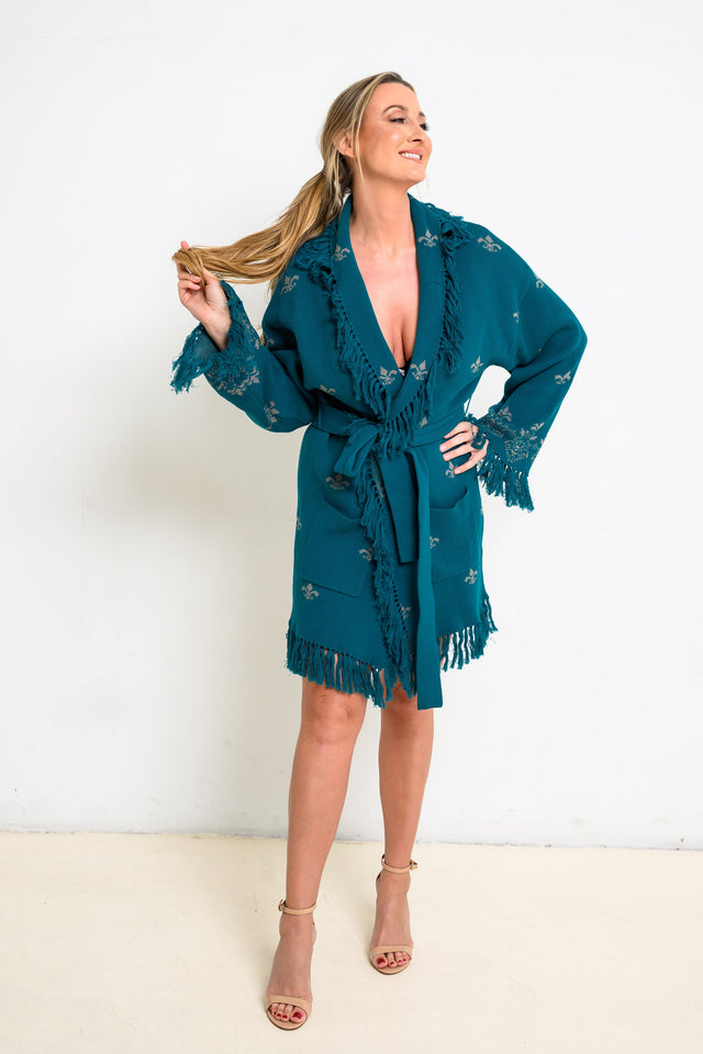 Jolene Essentials Collection AW22 Teal Lounge Jacquard Cardigan - SewSewYou