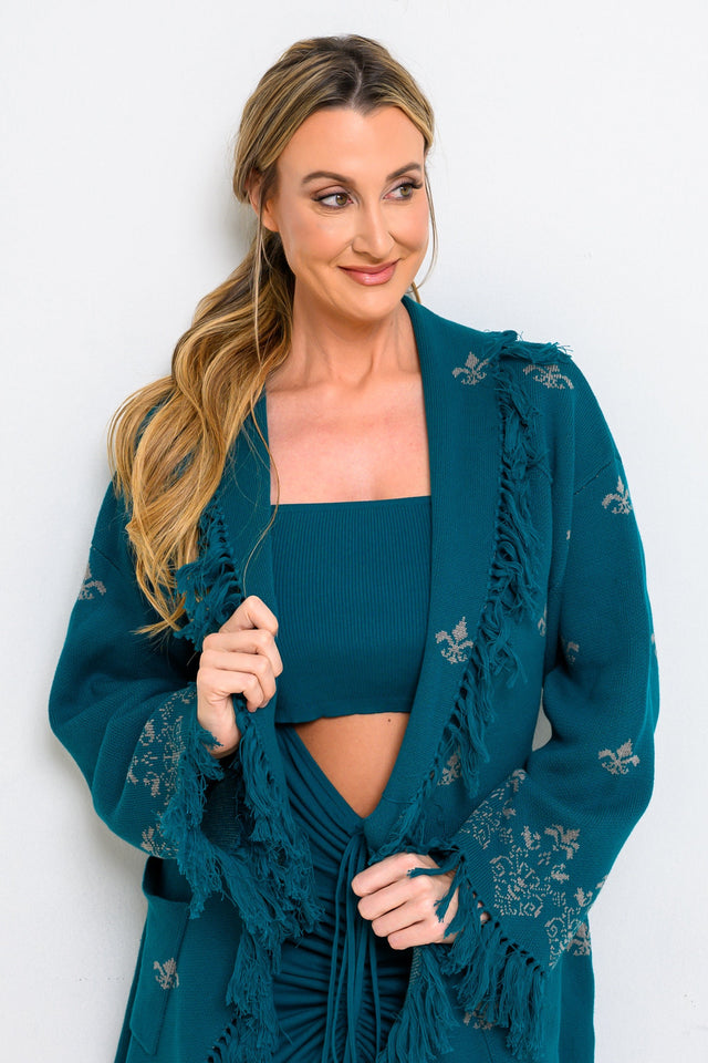 Jolene Essentials Collection AW22 Teal Lounge Jacquard Cardigan - SewSewYou