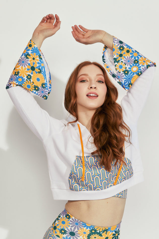 Melissa Becraft SS23 Comeback White/Print Cropped Flare Sleeve Hoodie - SewSewYou